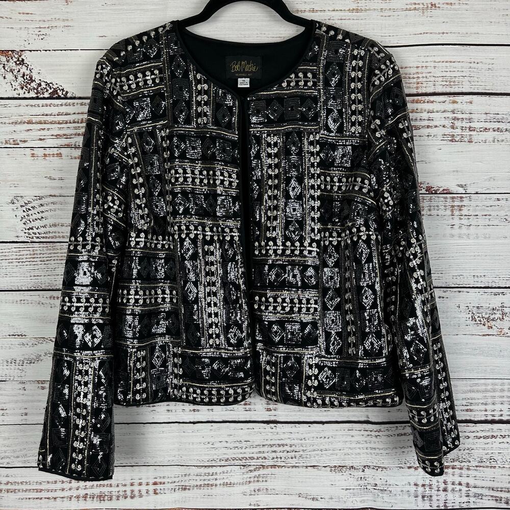 Womens VTG Bob Mackie Wearable Art Black Silver Gold Sequin Evening Jacket 16